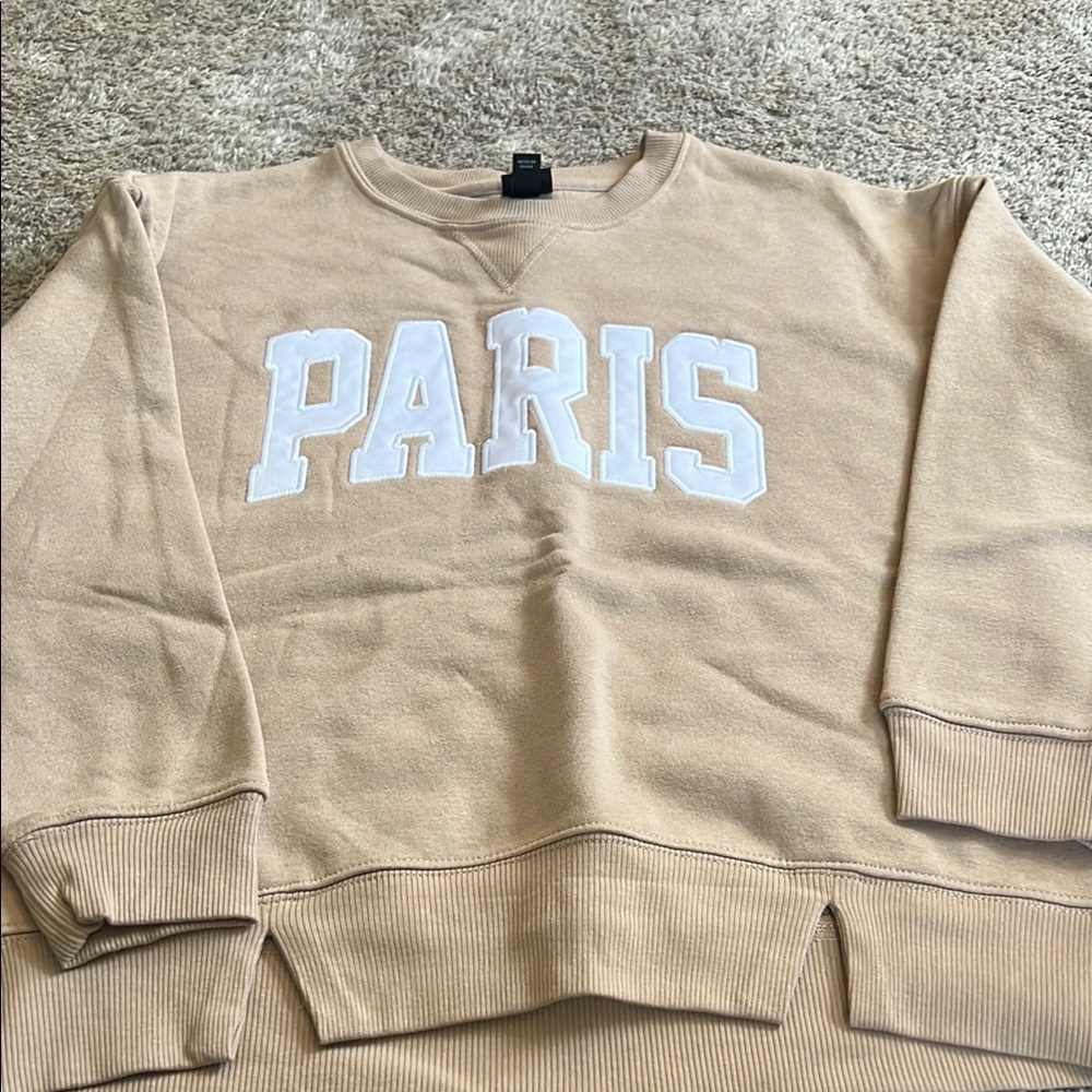 Tan Crewneck Sweater with White Lettering for kids size 8